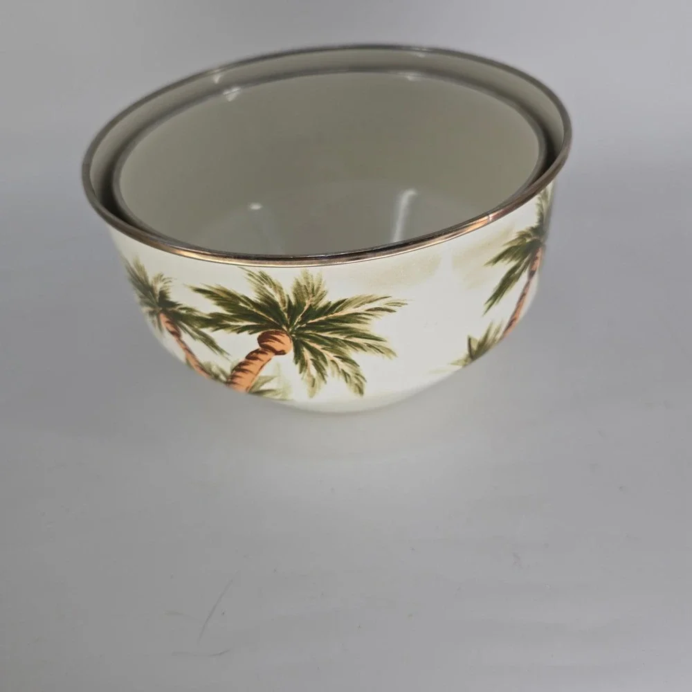 Vintage Palm Tree Enamel Mixing Bowls Set of 2 Coastal Palm Beach Kitchen